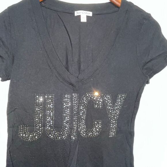 Juicy Couture Women's Black Embellished Cotton Blend V-Neck T-Shirt Size XS - Picture 4 of 11